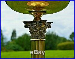 Vintage Brass Corinthian Column Oil Lamp. Clear Glass Shade. English Burner