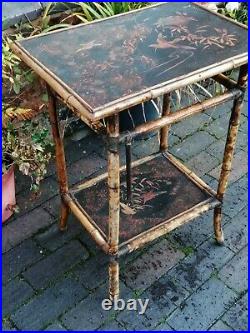 Vintage C1890 W F Needham ENGLISH Chinese-style bamboo table wi painted shelves