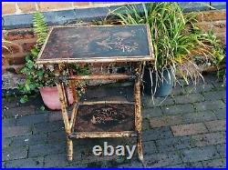 Vintage C1890 W F Needham ENGLISH Chinese-style bamboo table wi painted shelves