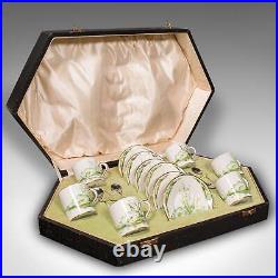 Vintage Cased Tea Set, English Ceramic, Coffee Cans, Silver Spoon, Hallmark 1932