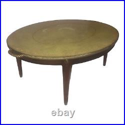 Vintage Coffee Table Oval Green Leather Top Brass Mahogany English Antique Gold