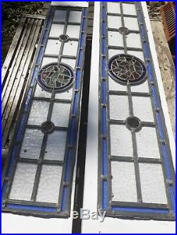 Vintage Coloured Stained Glass Panels English Victorian blue rare 8'x 37.5 pair