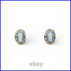Vintage English 9k Gold White Blue, Lady And Harp Antique Cameo Style Earrings