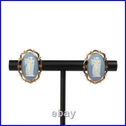 Vintage English 9k Gold White Blue, Lady And Harp Antique Cameo Style Earrings