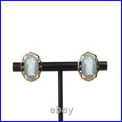 Vintage English 9k Gold White Blue, Lady And Harp Antique Cameo Style Earrings