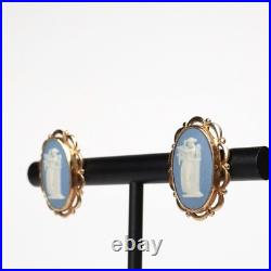 Vintage English 9k Gold White Blue, Lady And Harp Antique Cameo Style Earrings