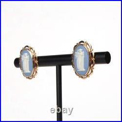 Vintage English 9k Gold White Blue, Lady And Harp Antique Cameo Style Earrings