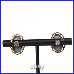 Vintage English 9k Gold White Blue, Lady And Harp Antique Cameo Style Earrings