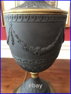 Vintage English Black Basalt Neoclassical Covered Urn Lamp Wedgwood