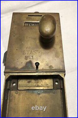 Vintage English Brass Etas No. 1 Toilet Door Lock Penny Slot w Key