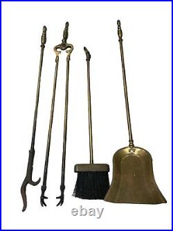 Vintage English Brass Fireplace Tool Set 4 Pieces And Stand