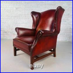 Vintage English Chestnut Brown Deep Red Leather Wingback Chair #A844
