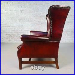 Vintage English Chestnut Brown Deep Red Leather Wingback Chair #A844