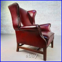 Vintage English Chestnut Brown Deep Red Leather Wingback Chair #A844