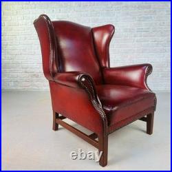 Vintage English Chestnut Brown Deep Red Leather Wingback Chair #A844