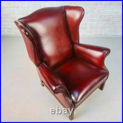 Vintage English Chestnut Brown Deep Red Leather Wingback Chair #A844
