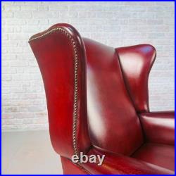 Vintage English Chestnut Brown Deep Red Leather Wingback Chair #A844