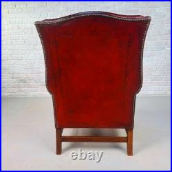 Vintage English Chestnut Brown Deep Red Leather Wingback Chair #A844