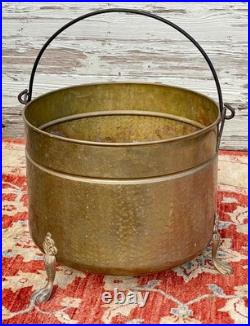 Vintage English Country House Large Brass Log/Coal Bucket/Bin on Lion Paw Feet