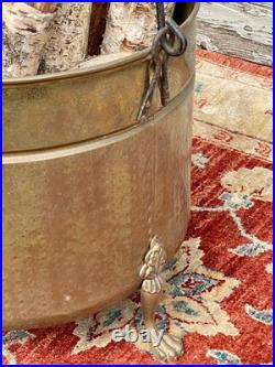 Vintage English Country House Large Brass Log/Coal Bucket/Bin on Lion Paw Feet