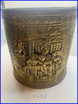 Vintage English Fireplace Bucket Embossed Brass Solid Brass Fire Place Canister