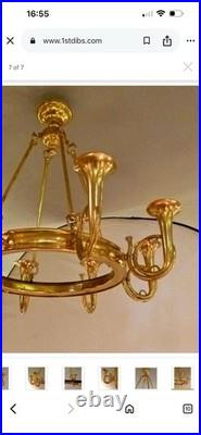 Vintage English French Horn Brass Chandelier Ceiling Light 8 Arm Large Rare Vintage English French Horn Brass Chandelier Ceiling Light 8 Arm Large Rare