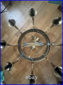 Vintage English French Horn Brass Chandelier Ceiling Light 8 Arm Large Rare