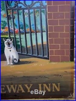 Vintage English Gateway Inn Pub Sign with Brick Arch, Iron Gate & Siamese Cat