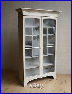 Vintage English Grey Painted Glass Cabinet Cupboard Bookcase