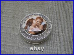 Vintage English H/M Sterling Silver Round Enamel Pill Box -Cherubs Art Nouveau