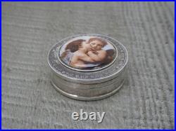 Vintage English H/M Sterling Silver Round Enamel Pill Box -Cherubs Art Nouveau