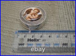 Vintage English H/M Sterling Silver Round Enamel Pill Box -Cherubs Art Nouveau