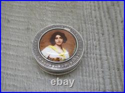 Vintage English H/M Sterling Silver Round Lady Enamel Pill Box c2001