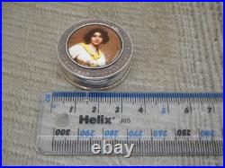 Vintage English H/M Sterling Silver Round Lady Enamel Pill Box c2001