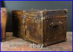 Vintage English Handmade Bridle Leather Steamer Trunk Antique Leather Trunk