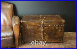 Vintage English Handmade Bridle Leather Steamer Trunk Antique Leather Trunk