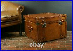 Vintage English Handmade Tan Leather Antique Inspired Coffee Table Trunk
