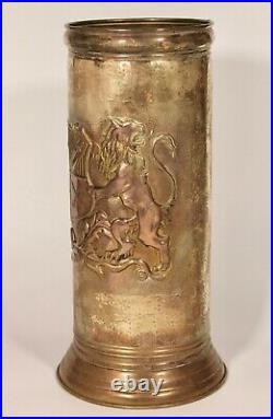 Vintage English Lion Coat of Arms Brass Umbrella Stand / Cane Holder