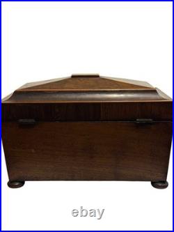 Vintage English Lion Head Handle Footed Wood Tea Caddy