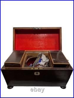 Vintage English Lion Head Handle Footed Wood Tea Caddy