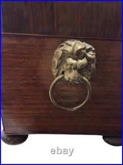 Vintage English Lion Head Handle Footed Wood Tea Caddy