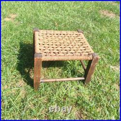 Vintage English Low Oak Footstool Footrest with Woven Rush Top