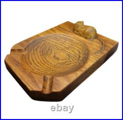Vintage English Oak Ashtray Carved Mouse Folk Art Arts & Crafts Style