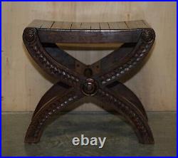 Vintage English Oak Jacobean Style Hand Carved Stool Part Of A Large Suite
