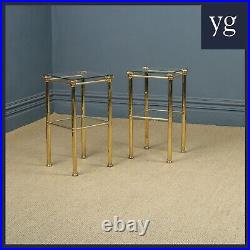 Vintage English Pair of Georgian Style Brass & Glass Tall Square Lamp Tables