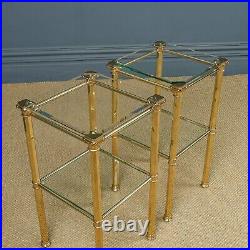 Vintage English Pair of Georgian Style Brass & Glass Tall Square Lamp Tables