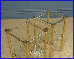 Vintage English Pair of Georgian Style Brass & Glass Tall Square Lamp Tables