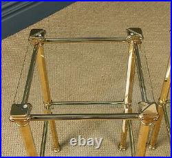 Vintage English Pair of Georgian Style Brass & Glass Tall Square Lamp Tables