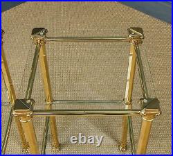 Vintage English Pair of Georgian Style Brass & Glass Tall Square Lamp Tables