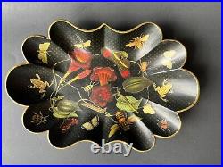 Vintage English Paper Mache Botanical, Frogs & Insects Lacquered Decoupage Tray